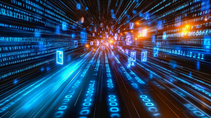 Obraz premium Flowing glowing binary code in a futuristic digital data stream environment