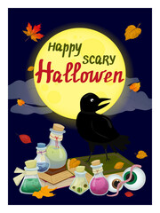 Fototapeta premium Scary evening invitation, poster, flyers with halloween symbols. Black raven and potions. Vector background. Colorful vector illustration