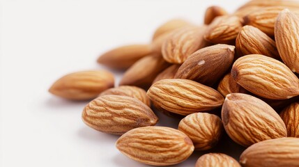 A collection of almonds is displayed against a clean white background, showcasing their natural beauty and variety.