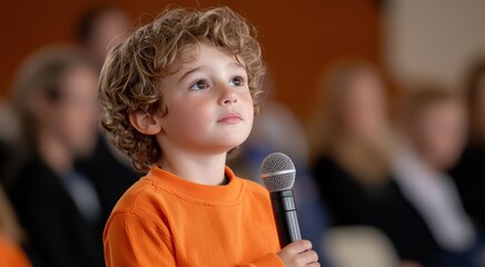 A young boy confidently holds a microphone, ready to speak, showcasing curiosity and determination in a supportive audience.