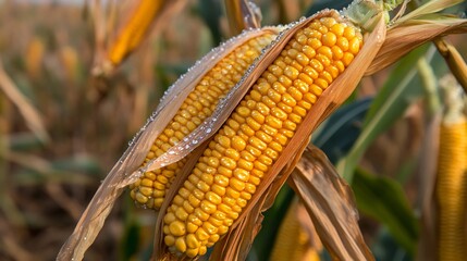 Ripe Corn Stalks Glistening with Morning Dew in a Golden Field. AI Generated