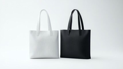 Two tote bags, one white and one black, with long handles on a plain white background, showcasing contrast.