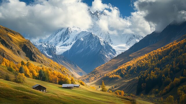 The autumn mountains of the Caucasus in the village of Dombai are a breathtaking sight, showcasing a vibrant palette of colors as the leaves turn golden, orange, and red.