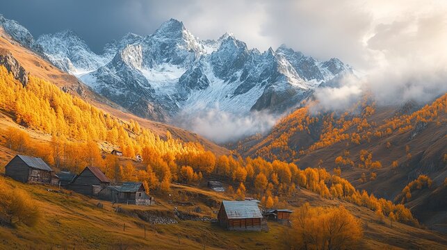 The autumn mountains of the Caucasus in the village of Dombai are a breathtaking sight, showcasing a vibrant palette of colors as the leaves turn golden, orange, and red.