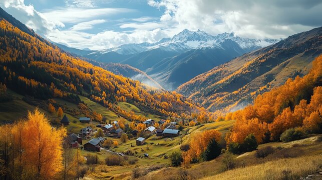 The autumn mountains of the Caucasus in the village of Dombai are a breathtaking sight, showcasing a vibrant palette of colors as the leaves turn golden, orange, and red.