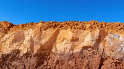 Fototapeta premium A large brown dirt wall with a blue sky in the background, AI
