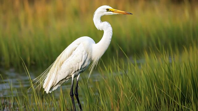 A great egret stands tall in tall grass, its white feathers contrasting with the green foliage
