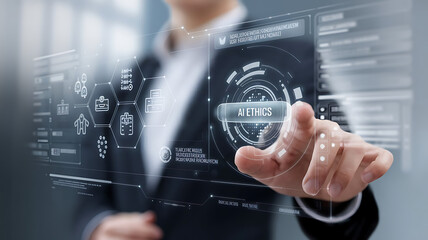 Businessman touching virtual AI ethics icon.AI ethics,
Artificial intelligence law, AI ethics, or AI law concept.