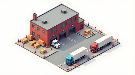 Isometric Warehouse Building with Trucks and Cargo