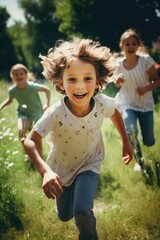 Fototapeta premium A happy child running in a field with her friends.