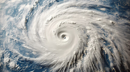 A satellite image of a hurricane or cyclone swirling over the ocean, showing the distinct eye and spiral bands of the storm, illustrating the power and scale of natural. Tropical Storm. Illustration