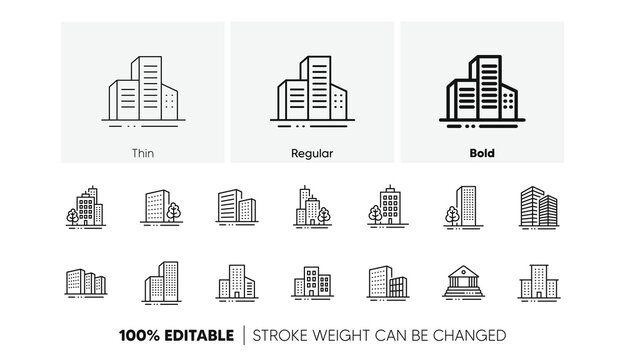 Bank, Hotel, Courthouse. Buildings line icons. City, Real estate, Architecture buildings icons. Hospital, town house, museum. Urban architecture, city skyscraper. Linear set. Line icons set. Vector