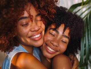 Two women embracing each other with happiness, diverse ethnicity backgrounds.