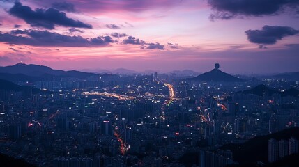 Obraz premium A stunning city view of Seoul at twilight captures the skyline bathed in a soft, golden glow as the sun sets behind the towering buildings.