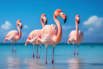 Pink flamingos elegantly stand in serene, shallow blue water. Ideal for travel brochures, wildlife magazines, and tropical themed designs. Generative AI