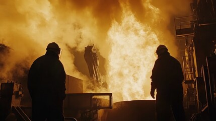 Photo of nickel smelting process in factory with workers wearing protective gear, involved in supervising the process of melting hot metal in a large furnace. The red glow of boiling nickel liquid 