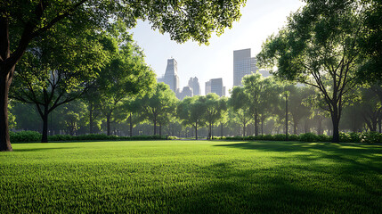 Obraz premium Artificially enhanced city park with unnaturally green grass and perfectly placed trees