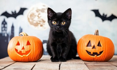 Halloween scene with black cat Halloween background