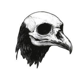 Obraz premium Png Crow skull engraving sketch. Halloween skull for spooky designs. Black graphic illustration isolated on transparent background. tattoo goth vintage.