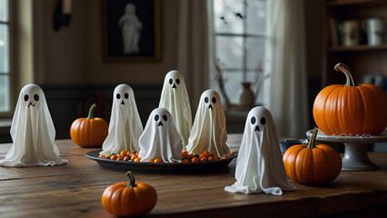 Halloween decoration, mini ghosts and pumpkins on the wooden table