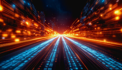 Flowing glowing binary code in a futuristic digital data stream environment