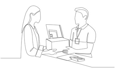 Continuous one line drawing of staff receiving parcel from customer at express delivery counter, delivery service concept, single line art.