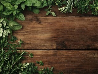 Fresh herbs and spices arranged on a rustic wooden table. Aromatic elements in natural packaging.