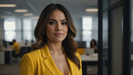 Obraz premium twenties hispanic woman in yellow attire on office background model portrait looking confident for ad concept space for text