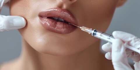 Closeup image of a person undergoing lip enhancement procedure by a medical professional, featuring modern aesthetic treatments.