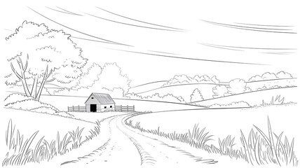 Fototapeta premium Black and White Countryside Landscape with Barn and Winding Road