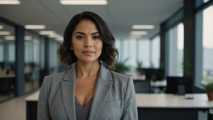 Obraz premium twenties hispanic woman in gray attire on office background model portrait looking confident for ad concept space for text