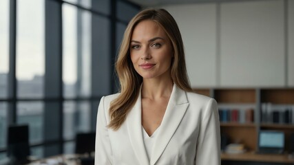 Fototapeta premium twenties caucasian woman in white attire on office background model portrait looking confident for ad concept space for text