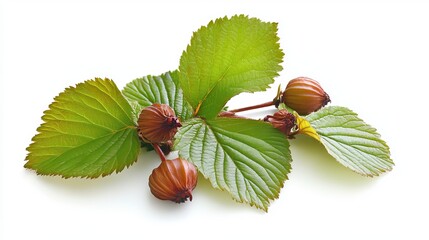 A filbert, or hazelnut, nestled among its green leaves sits against a clean white background.