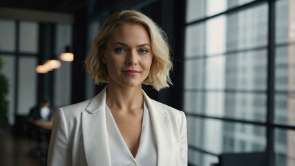 Fototapeta premium twenties caucasian woman in white attire on office background model portrait looking confident for ad concept space for text