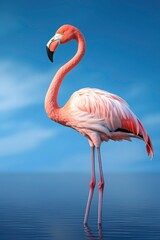 A pink flamingo stands in shallow water against a blue sky. Suitable for travel posters, tropical themes, summer marketing materials. Generative AI