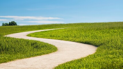 Fototapeta premium A winding pathway through lush green grass under a clear blue sky, inviting exploration and tranquility in a serene outdoor setting.