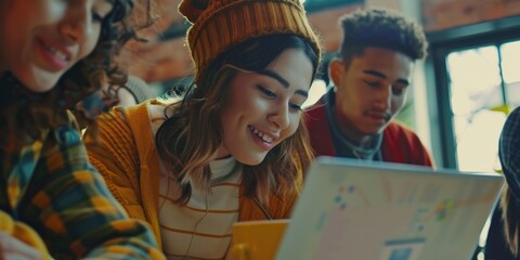 A diverse group of students working together on laptops in a classroom setting. The atmosphere appears collaborative and focused, suggesting an engaging educational environment.