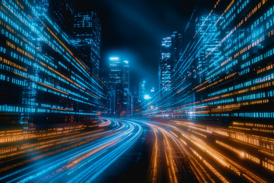 Flowing glowing binary code in a futuristic digital data stream environment