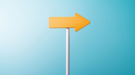 A bright yellow arrow sign pointing right against a soft blue backdrop, perfect for guiding directions or indicating movement.