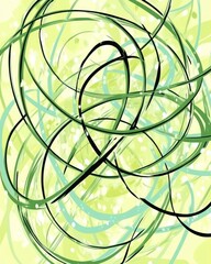 Abstract swirling lines in green shades create a dynamic, energetic composition.