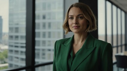 Fototapeta premium twenties caucasian woman in green attire on office background model portrait looking confident for ad concept space for text
