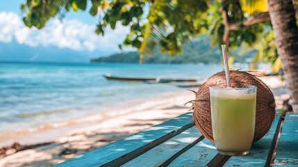 A refreshing coconut juice is served at a seaside table, with the vibrant green shell contrasting against the soft sandy beach in the background.