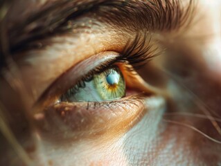 A close-up of a person's eye with a greenish yellow iris, displaying intricate details and reflections of light.