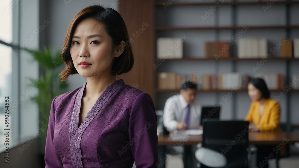 Wall mural twenties asian woman in purple attire on office background model portrait looking confident for ad concept space for text