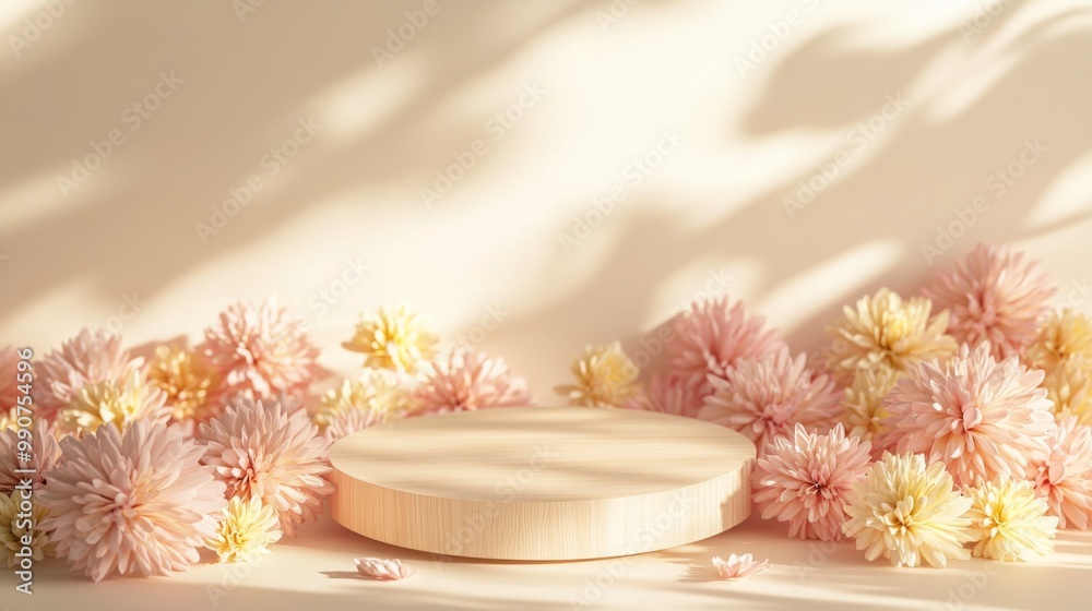 Aufkleber A circular display stand sits at the center, surrounded by an array of delicate pink flowers. Soft lighting creates gentle shadows, enhancing the serene atmosphere of the arrangement.