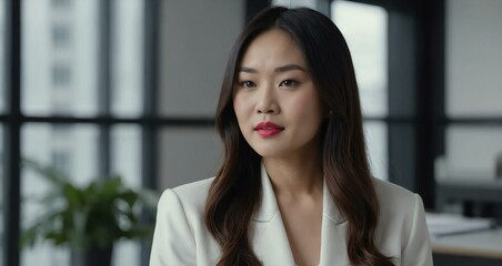 Fototapeta premium twenties asian woman in white attire on office background model portrait looking confident for ad concept space for text