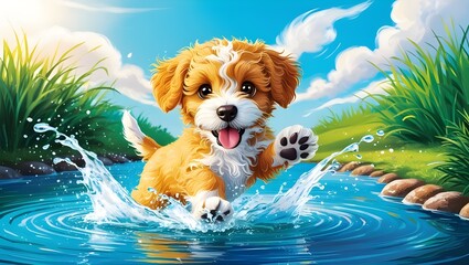 Lovely illustration of a joyful puppy enjoying the field of pool