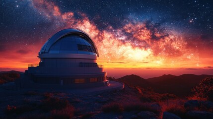 The observatory stands illuminated against a backdrop of a vibrant, star-filled sky
