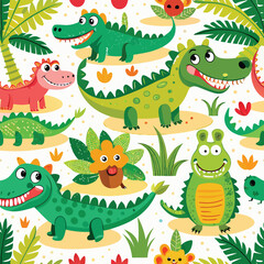 Obraz premium Seamless pattern with cute cartoon colorful crocodiles. Childish jungle vector texture.
