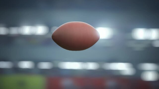 Cinematic American Football Flying Through Stadium Air, Winning Moment. Blurred Background of Arena Lights and Cheering Fan Crowd. Dramatic Score Flight in Championship Atmosphere